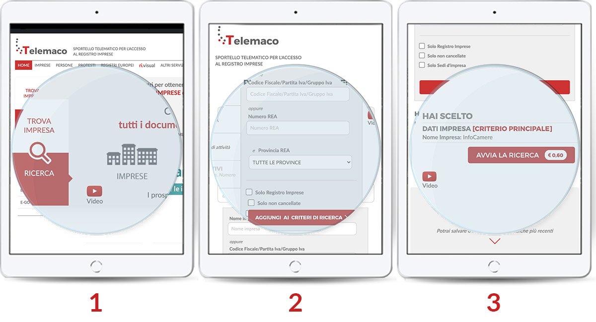 Nella homepage di Telemaco clicca sull’icona “IMPRESE” e inserisci il Codice Fiscale o la Partita IVA. Poi avvia la ricerca.